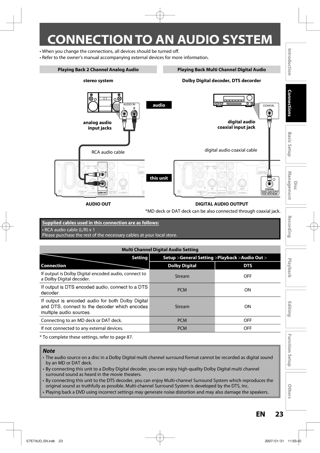 Toshiba D-R400 Connection to AN Audio System, Audio OUT, Setting Setup General Setting Playback Audio Out Connection 