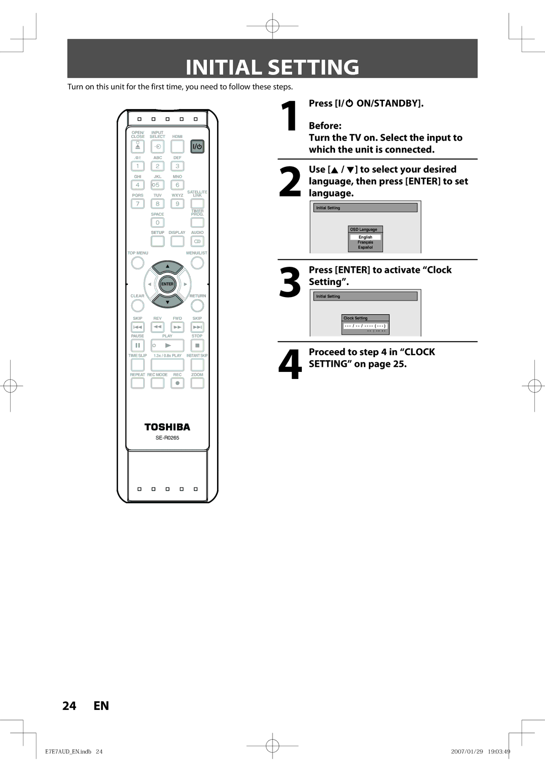 Toshiba D-R400 owner manual Initial Setting, Press Enter to activate Clock Setting, Proceed to in Clock Setting on 