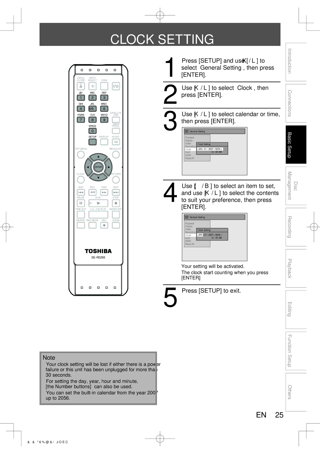 Toshiba D-R400 owner manual Clock Setting, You can set the built-in calendar from the year 2007 up to 