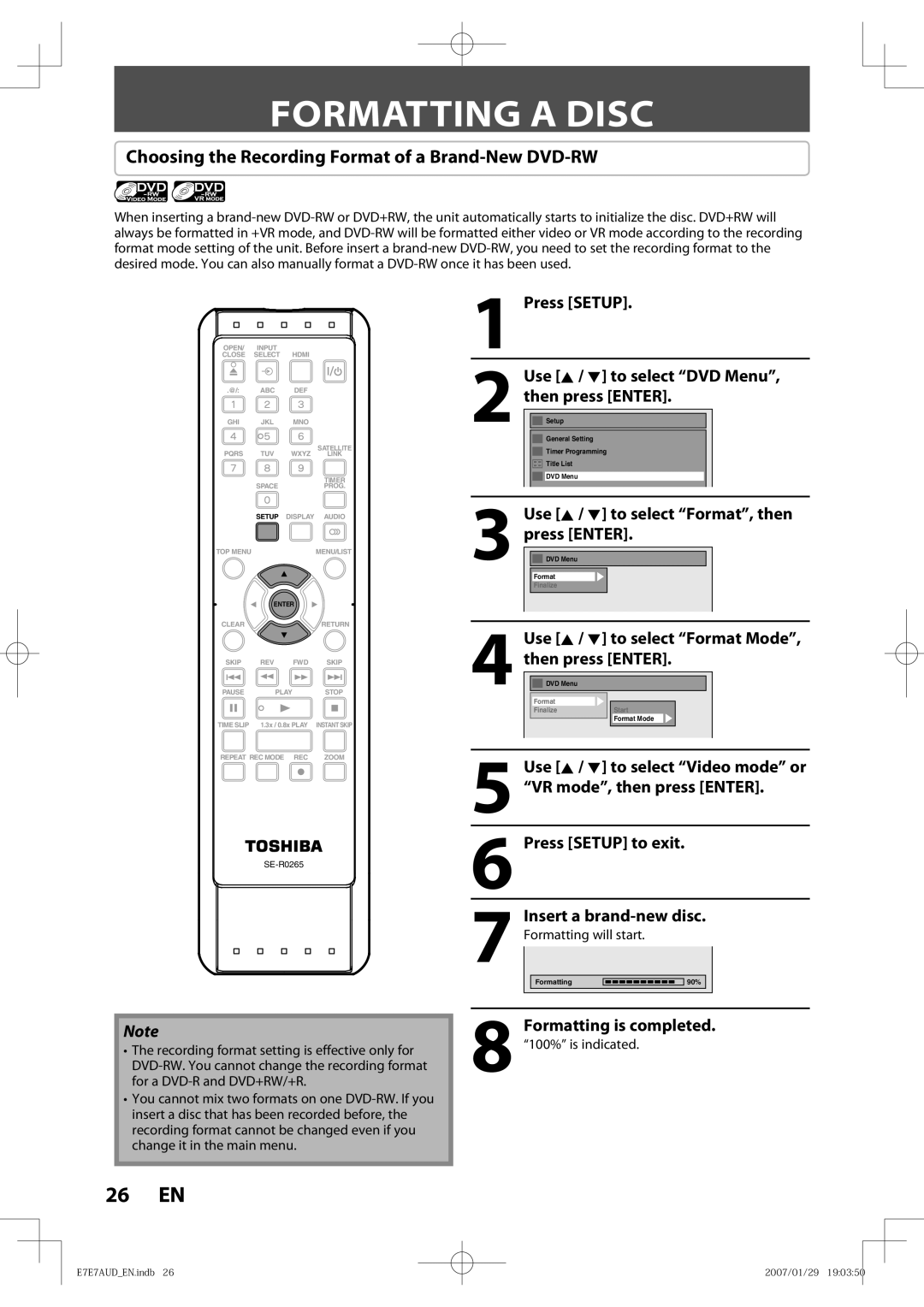 Toshiba D-R400 owner manual Formatting a Disc, Choosing the Recording Format of a Brand-New DVD-RW, PressDVD MenuENTER 