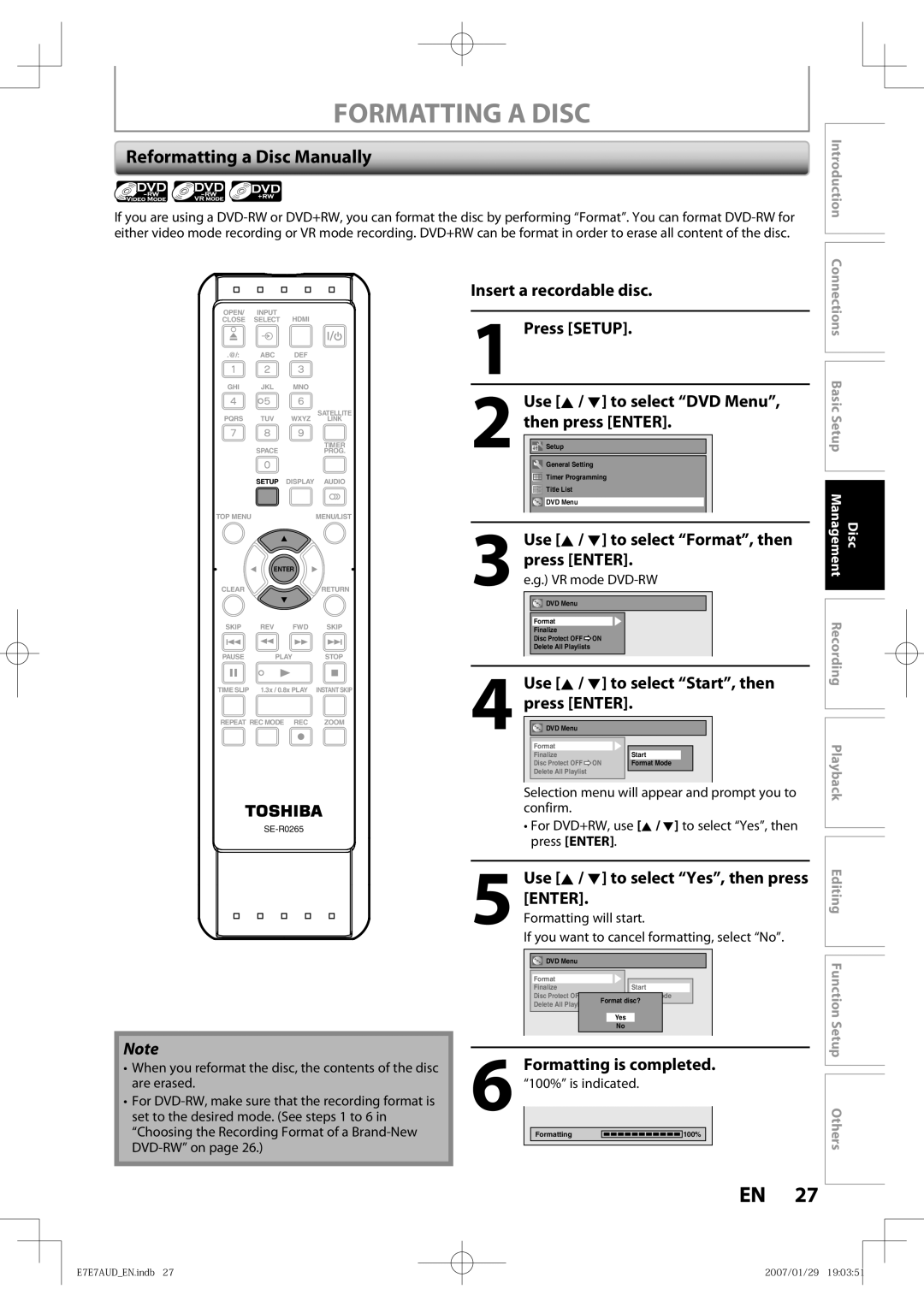 Toshiba D-R400 Formatting a Disc, Reformatting a Disc Manually, Use K / L to select Yes, then press Enter, Press Enter 