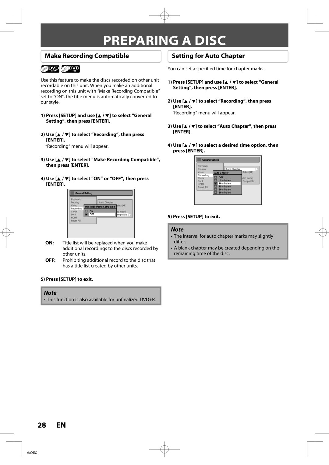 Toshiba D-R400 Preparing a Disc, Make Recording Compatible, Setting for Auto Chapter, Recording menu will appear 