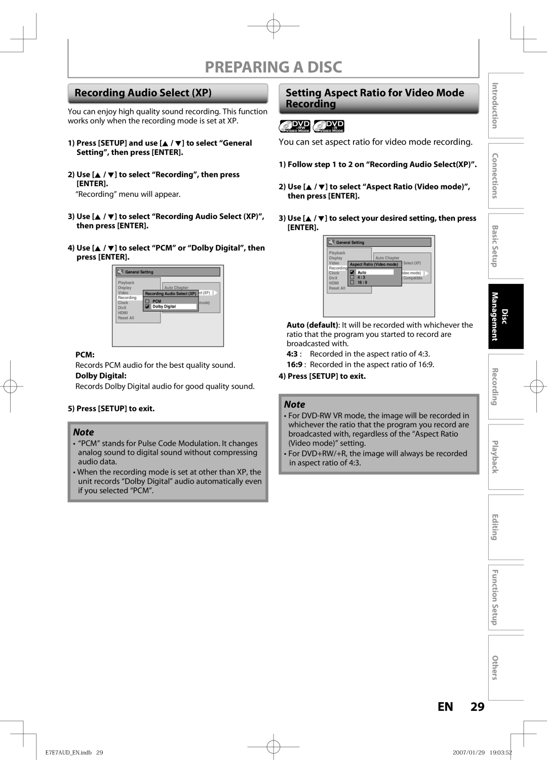 Toshiba D-R400 owner manual Preparing a Disc, Recording, Enter, Pcm 