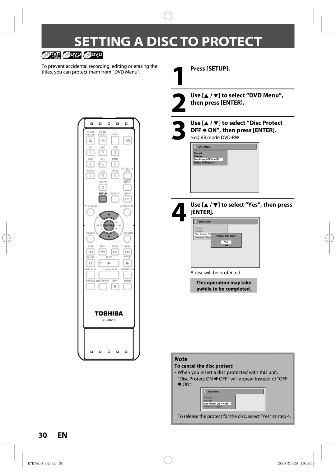 Toshiba D-R400 owner manual Setting a Disc to Protect, VR mode DVD-RW, Disc will be protected, To cancel the disc protect 