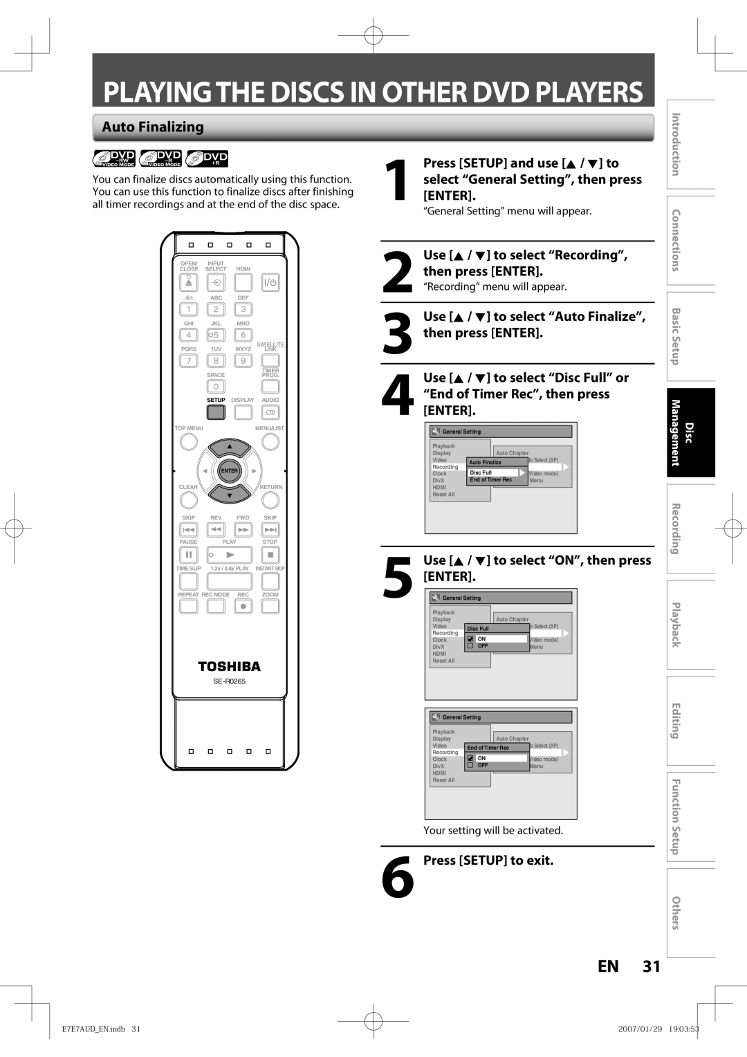 Toshiba D-R400 Auto Finalizing, Use K / L to select Recording, then press Enter, General Setting menu will appear 