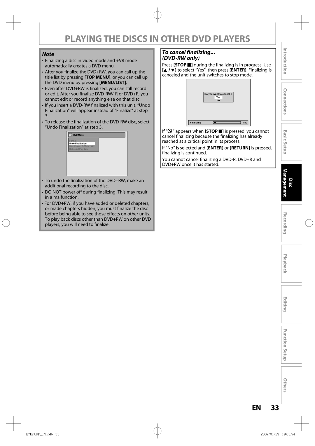 Toshiba D-R400 owner manual To cancel finalizing DVD-RW only 