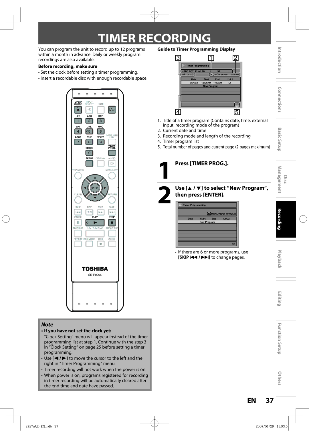 Toshiba D-R400 owner manual Timer Recording, Press Timer Prog, Use K / L to select New Program 