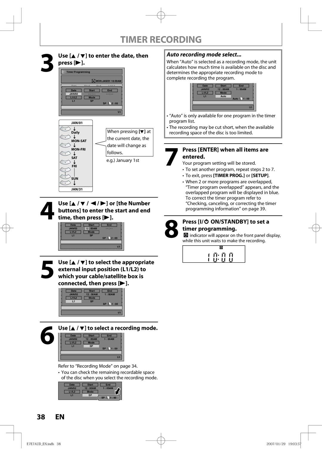 Toshiba D-R400 Timer Recording, Use K / L to enter the date, then press B, Press Enter when all items are, Entered 