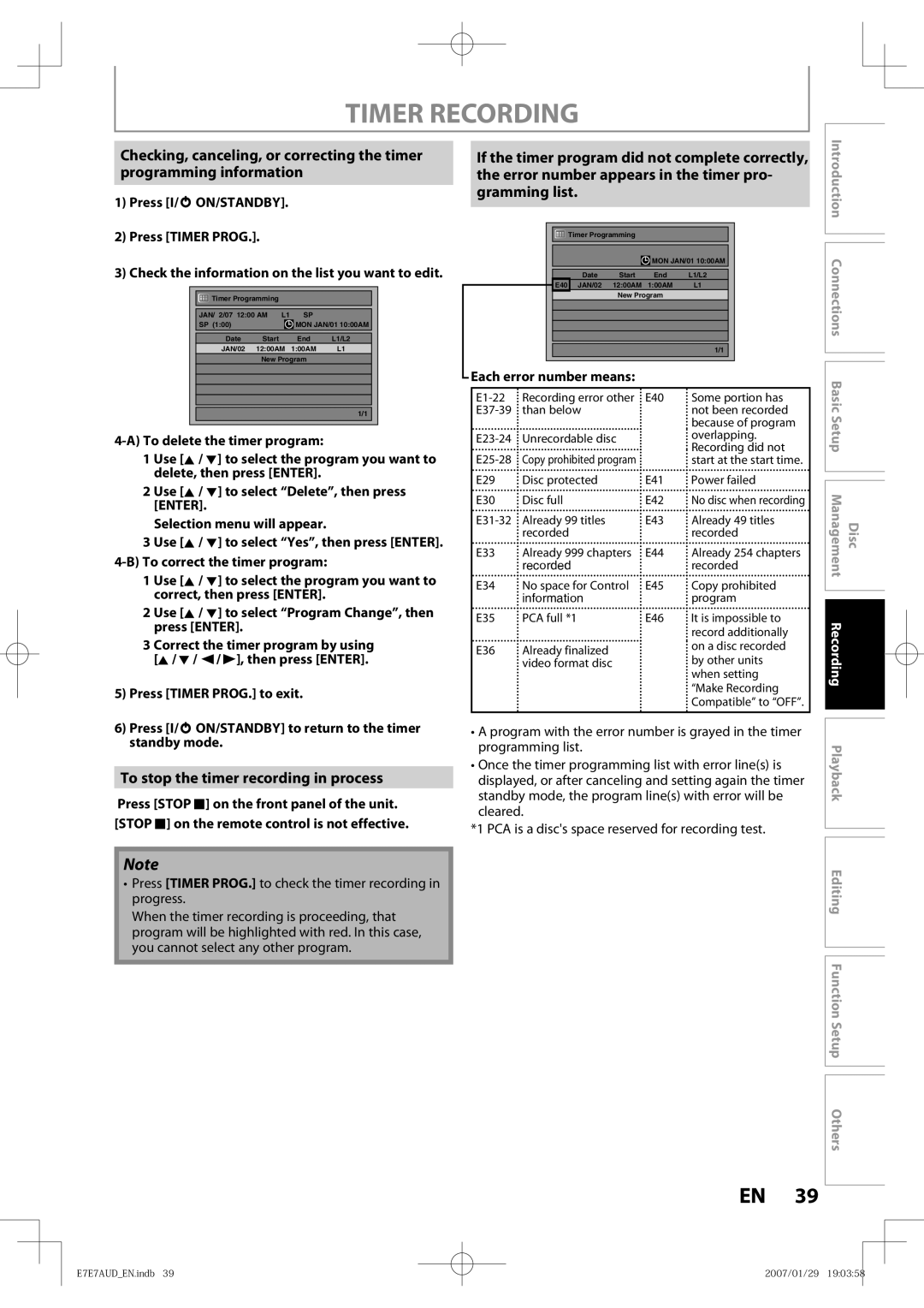 Toshiba D-R400 owner manual To stop the timer recording in process, Each error number means 