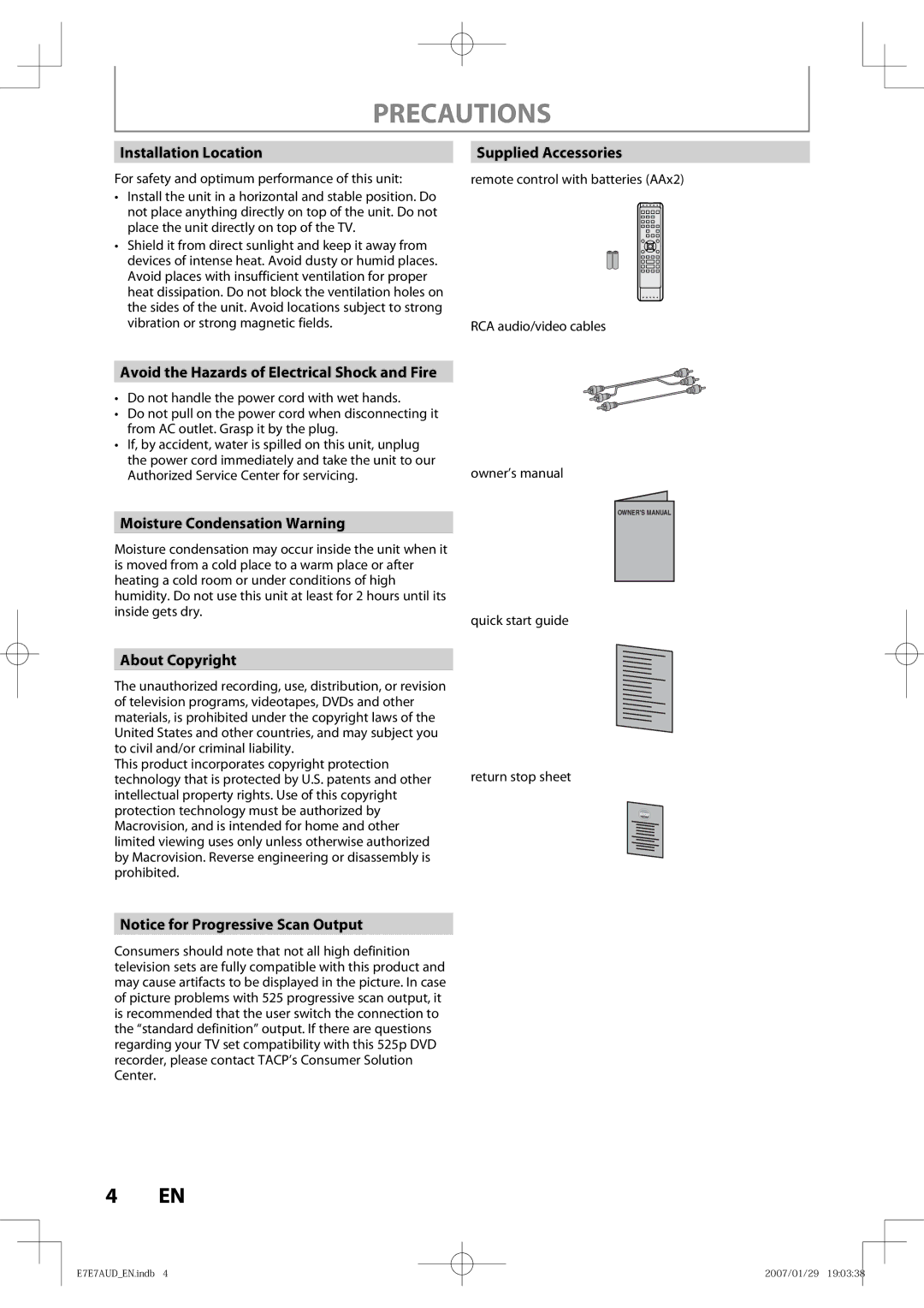 Toshiba D-R400 owner manual Installation Location, Supplied Accessories, Avoid the Hazards of Electrical Shock and Fire 