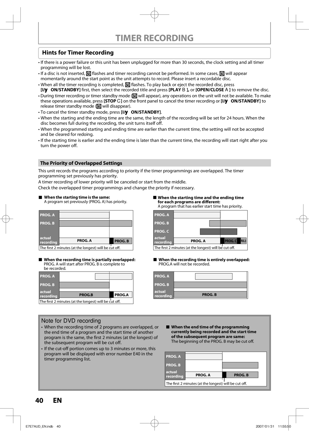 Toshiba D-R400 owner manual Hints for Timer Recording, Priority of Overlapped Settings 