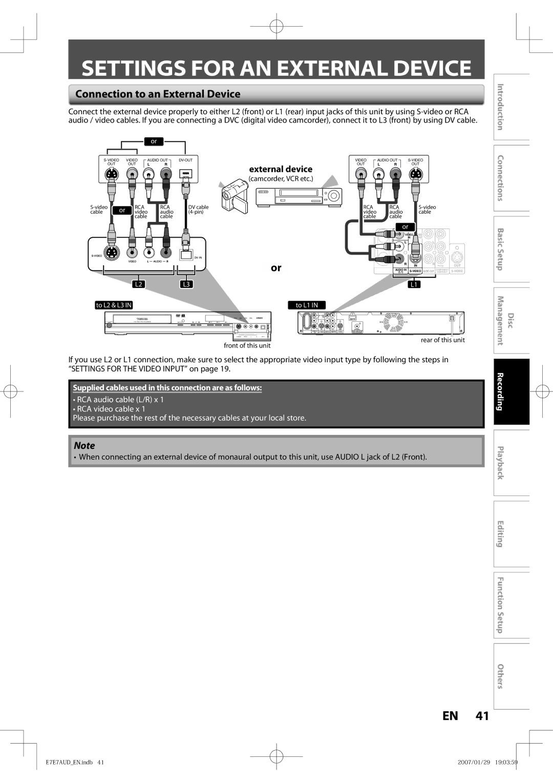 Toshiba D-R400 Settings for AN External Device, Connection to an External Device, External device, Recording Playback 