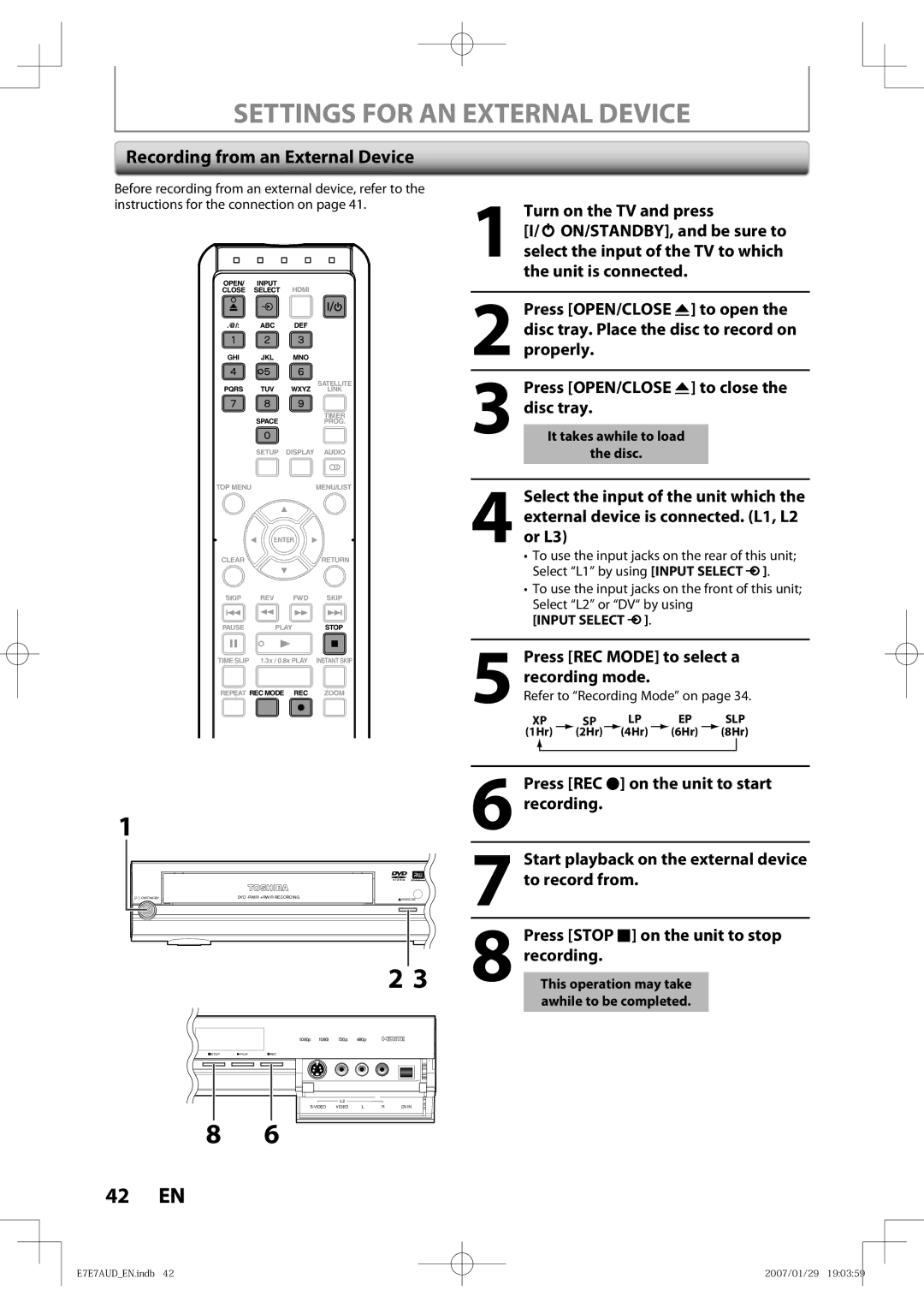 Toshiba D-R400 owner manual Settings for AN External Device, Recording from an External Device 