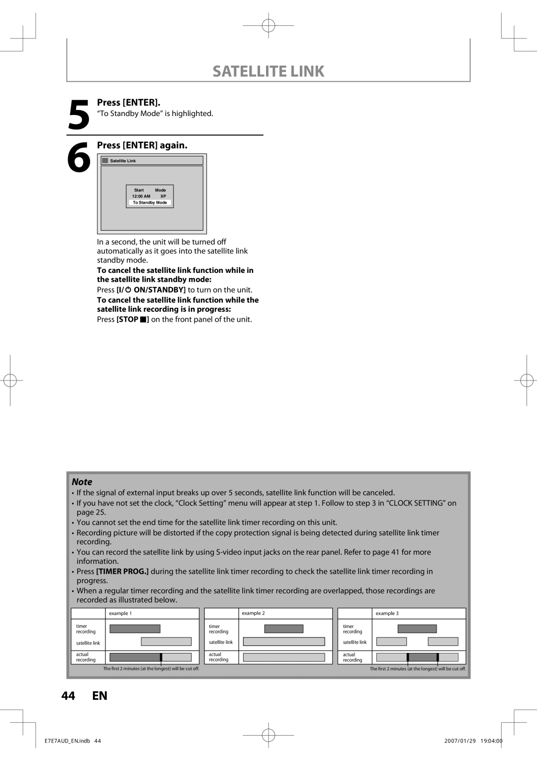 Toshiba D-R400 owner manual Satellite Link, Press Enter again, To Standby Mode is highlighted 