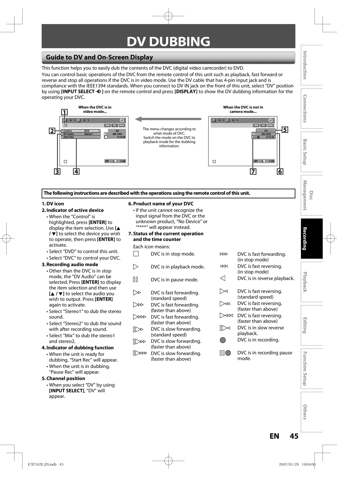 Toshiba D-R400 owner manual DV Dubbing, Guide to DV and On-Screen Display 