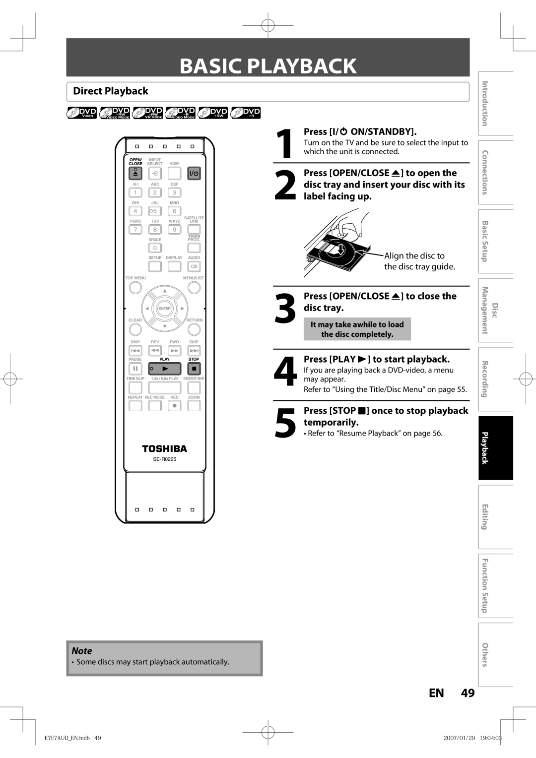 Toshiba D-R400 owner manual Basic Playback, Direct Playback, Some discs may start playback automatically 