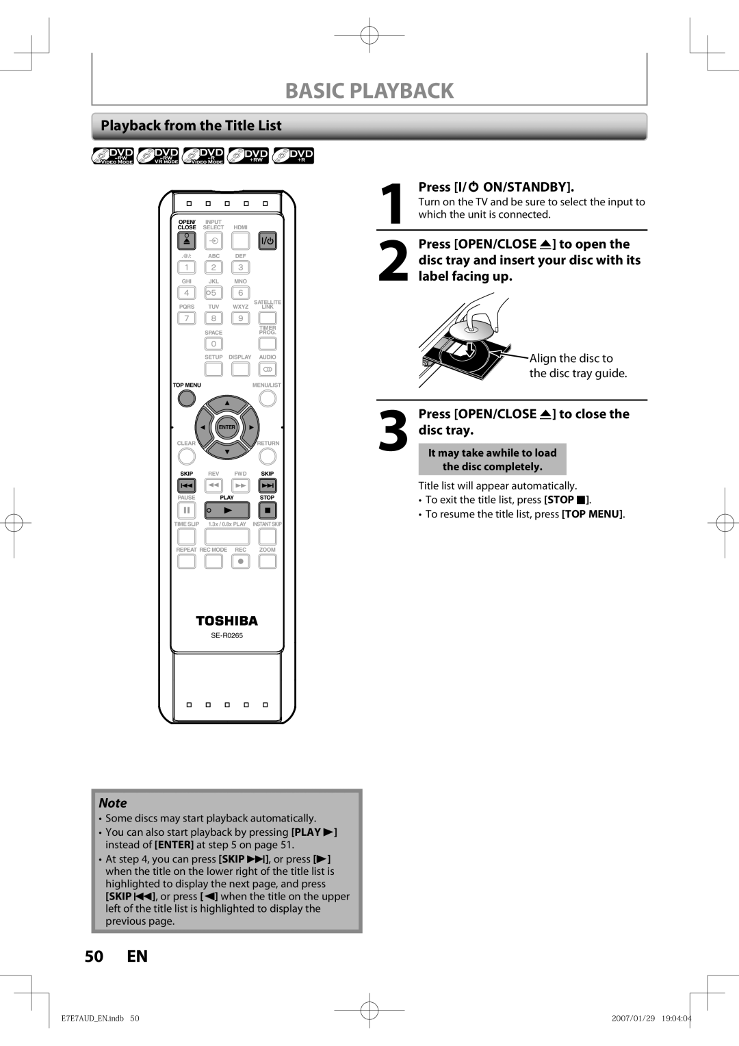 Toshiba D-R400 owner manual Basic Playback, Playback from the Title List 