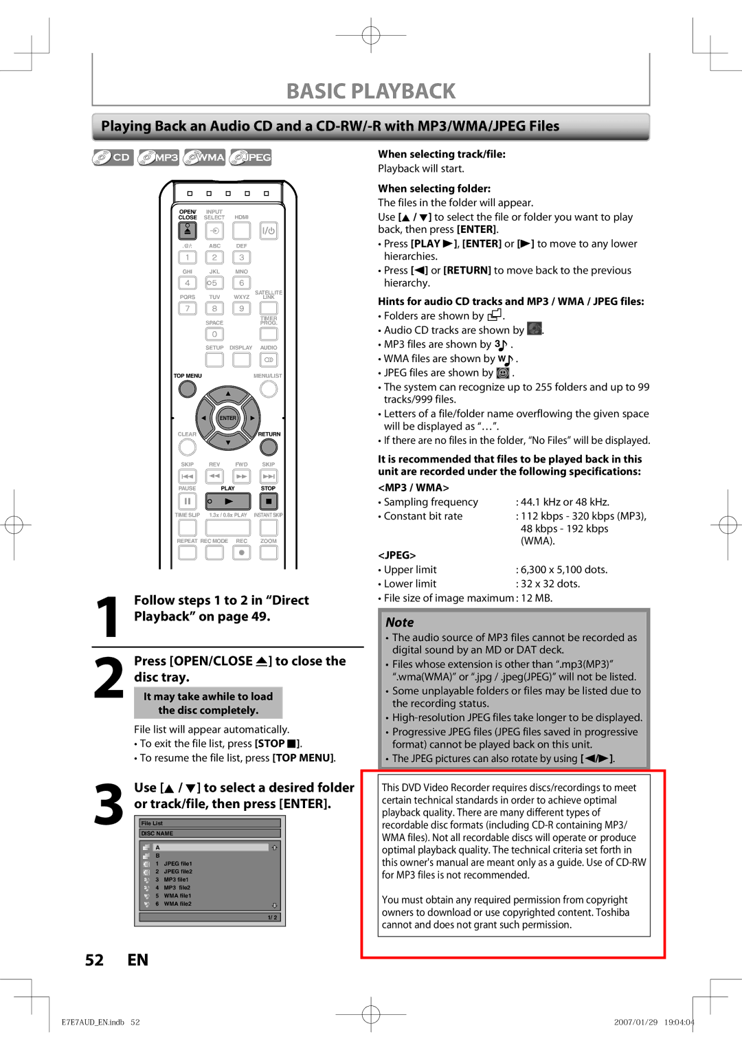 Toshiba D-R400 owner manual Follow steps 1 to 2 in Direct Playback on, Jpeg 