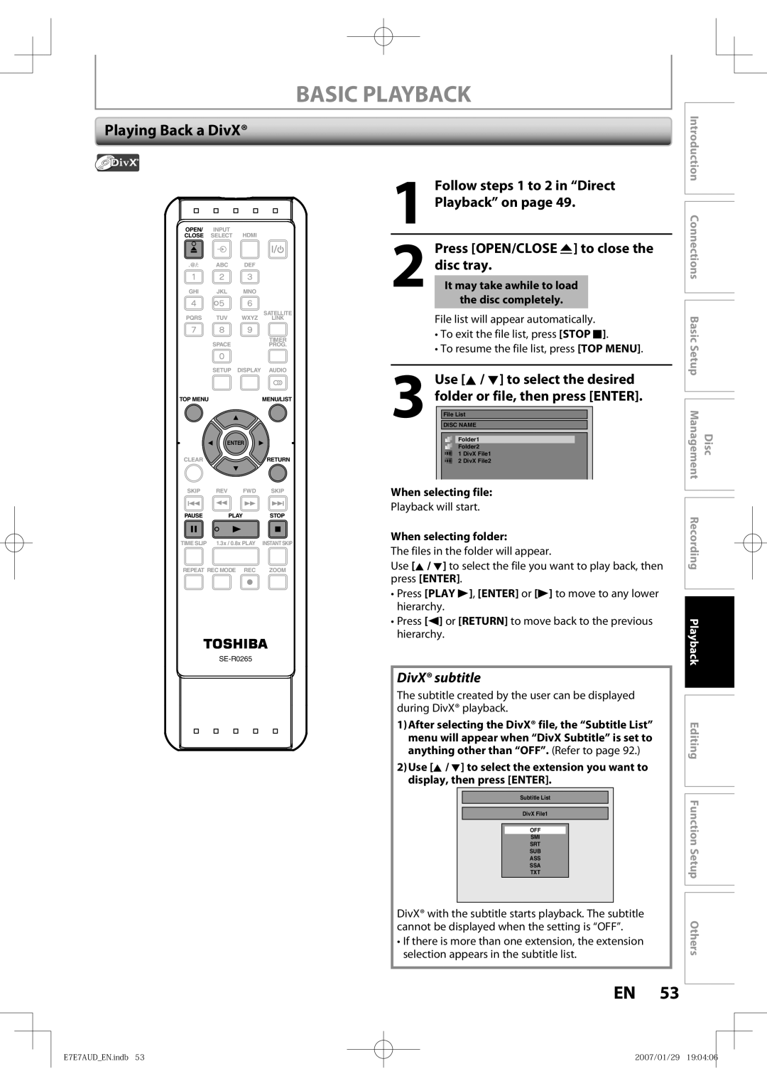 Toshiba D-R400 owner manual Playing Back a DivX, When selecting file 