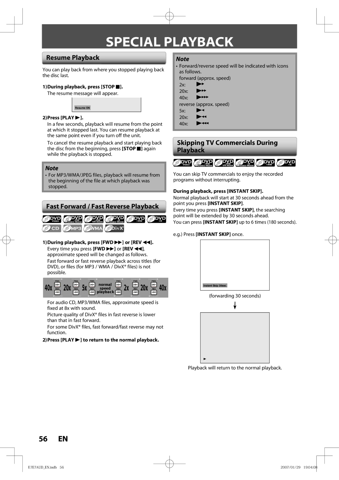 Toshiba D-R400 owner manual Special Playback, Resume Playback, Fast Forward / Fast Reverse Playback, 40x REV 