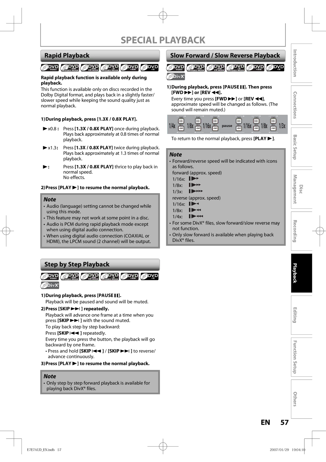 Toshiba D-R400 owner manual Special Playback, Rapid Playback, Step by Step Playback, Slow Forward / Slow Reverse Playback 