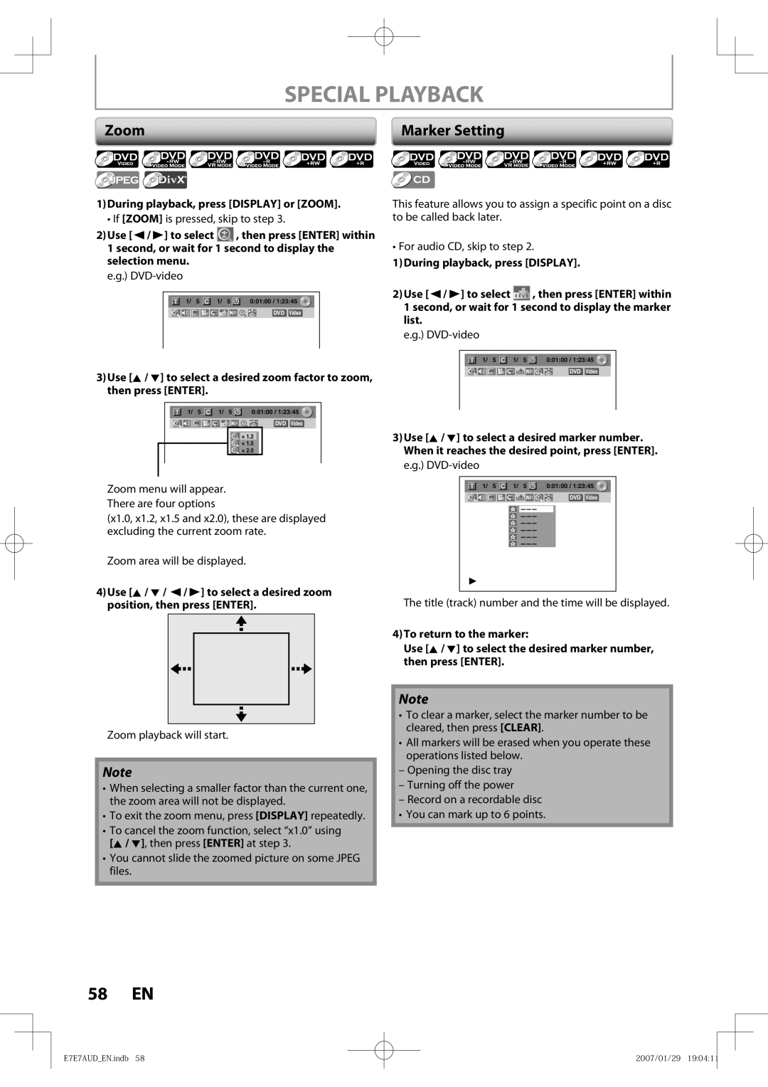 Toshiba D-R400 owner manual Marker Setting, During playback, press Display or Zoom 