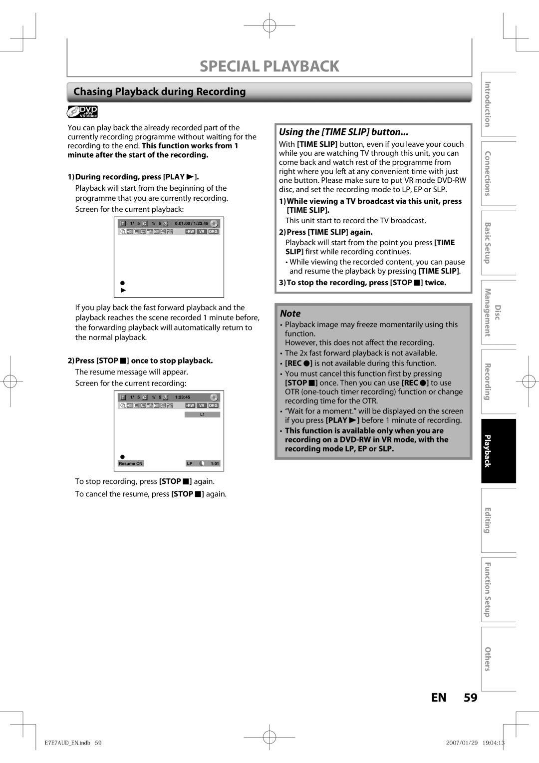 Toshiba D-R400 owner manual Chasing Playback during Recording, While viewing a TV broadcast via this unit, press Time Slip 