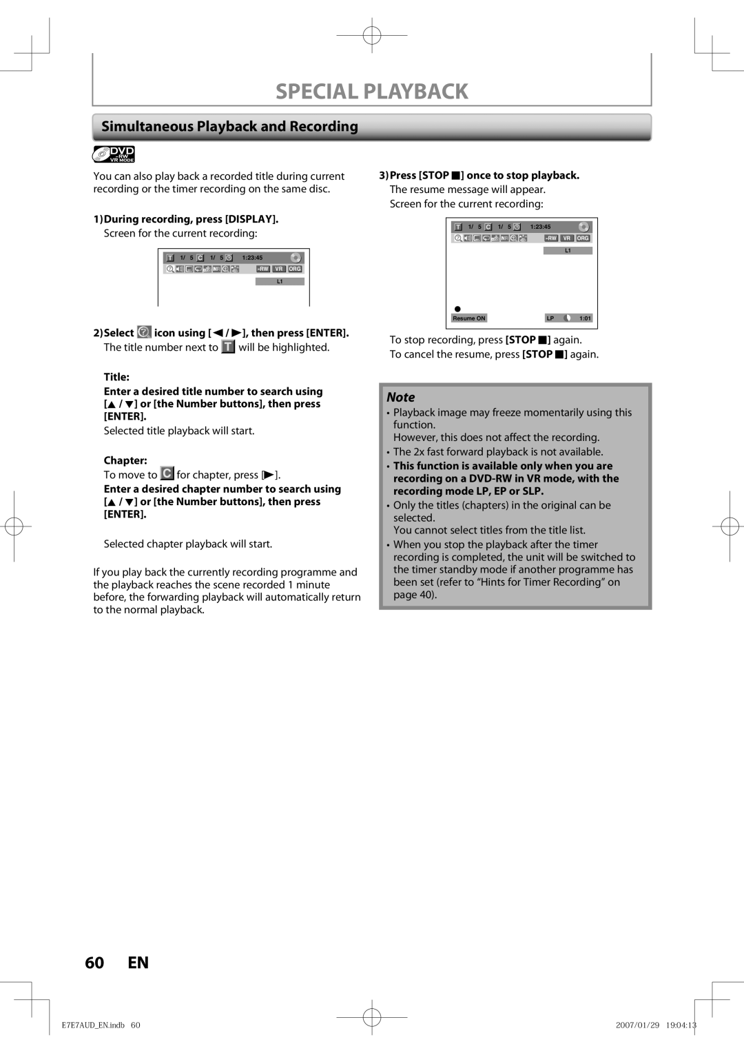 Toshiba D-R400 owner manual Simultaneous Playback and Recording, Selected title playback will start, Chapter 