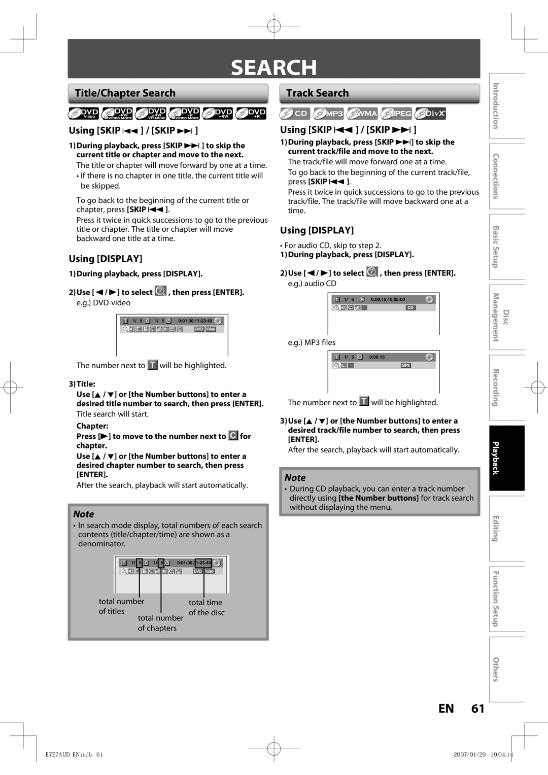 Toshiba D-R400 owner manual Title/Chapter Search, Using Skip j / Skip, Using Display 