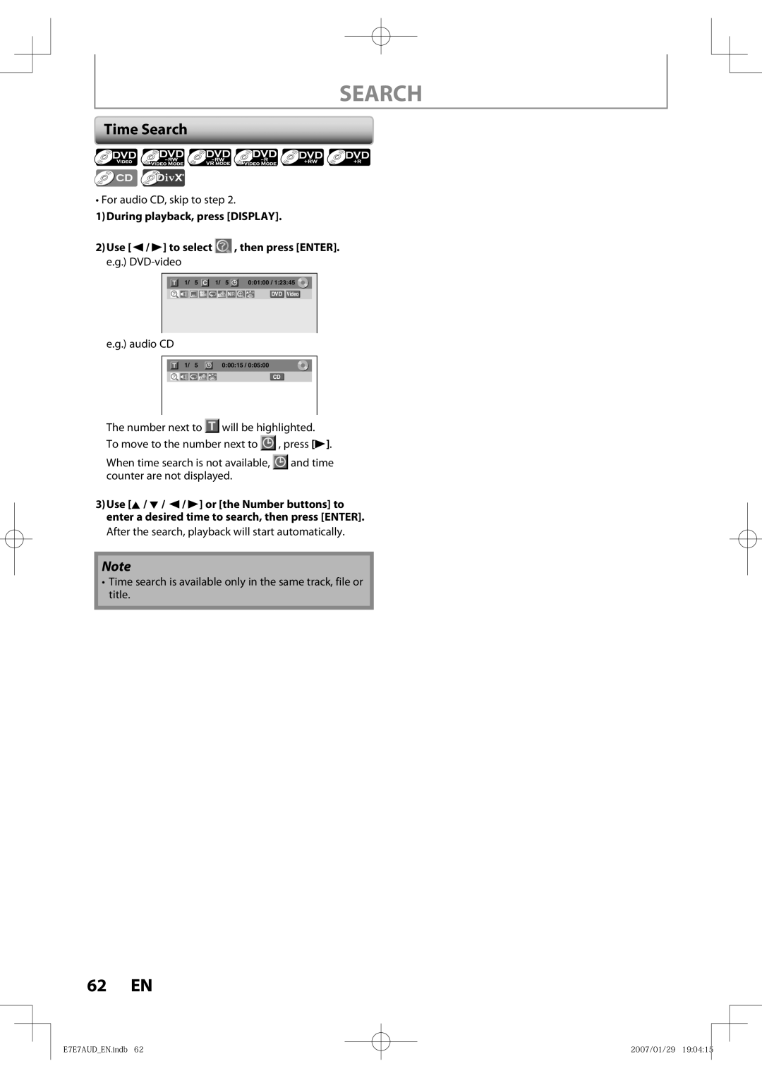 Toshiba D-R400 owner manual Time Search, Audio CD 