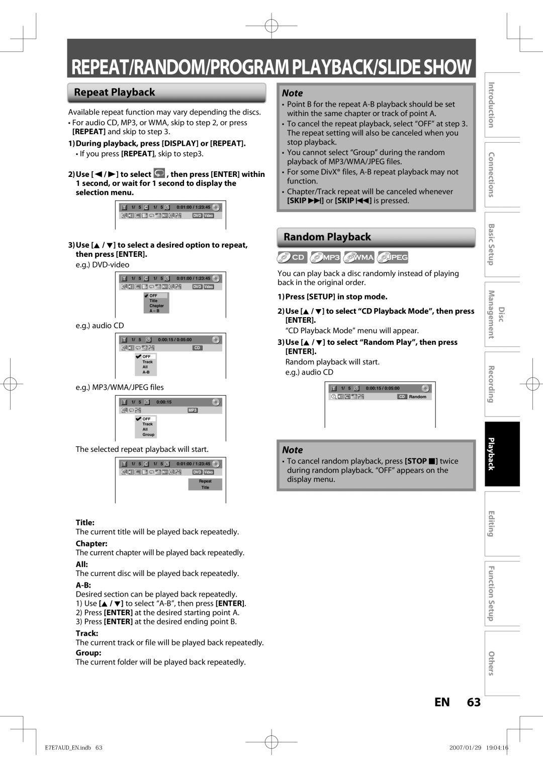 Toshiba D-R400 owner manual Repeat Playback, Random Playback 