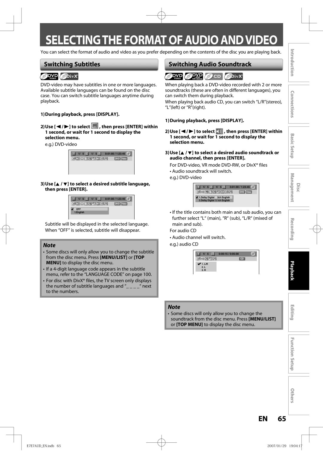 Toshiba D-R400 owner manual Switching Subtitles, Switching Audio Soundtrack 