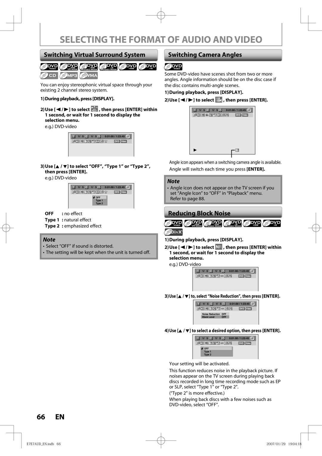 Toshiba D-R400 Selecting the Format of Audio and Video, Switching Virtual Surround System, Reducing Block Noise 