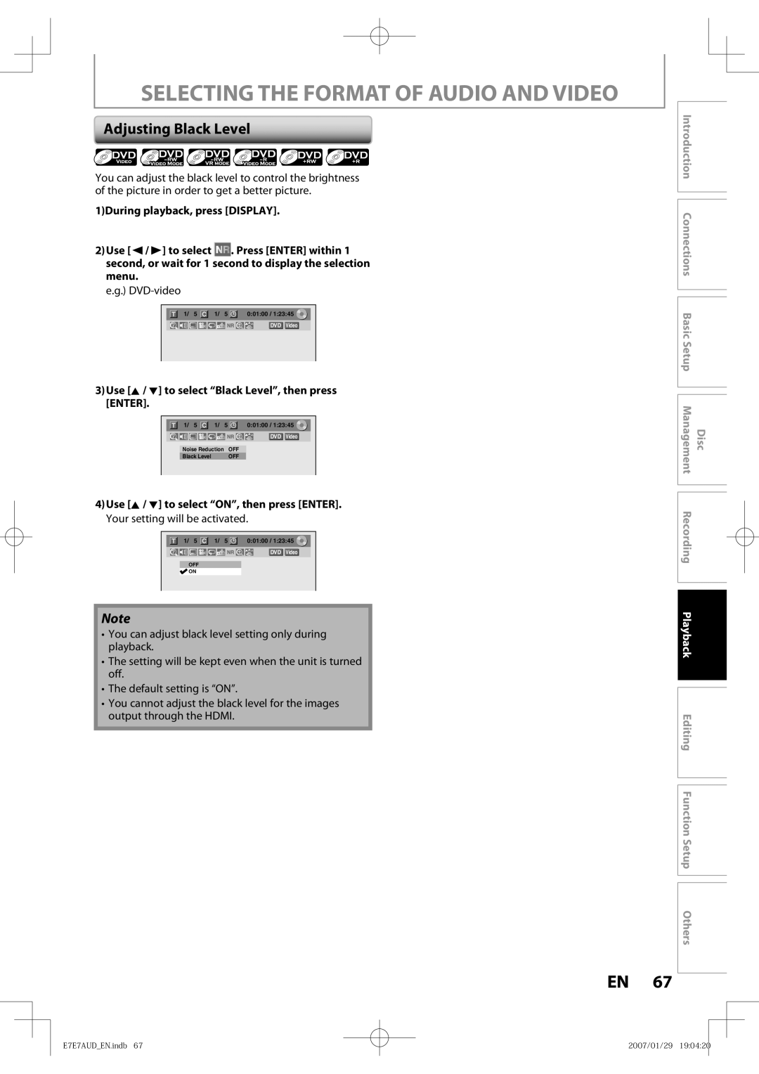 Toshiba D-R400 owner manual Adjusting Black Level, Use K / L to select Black Level, then press Enter 