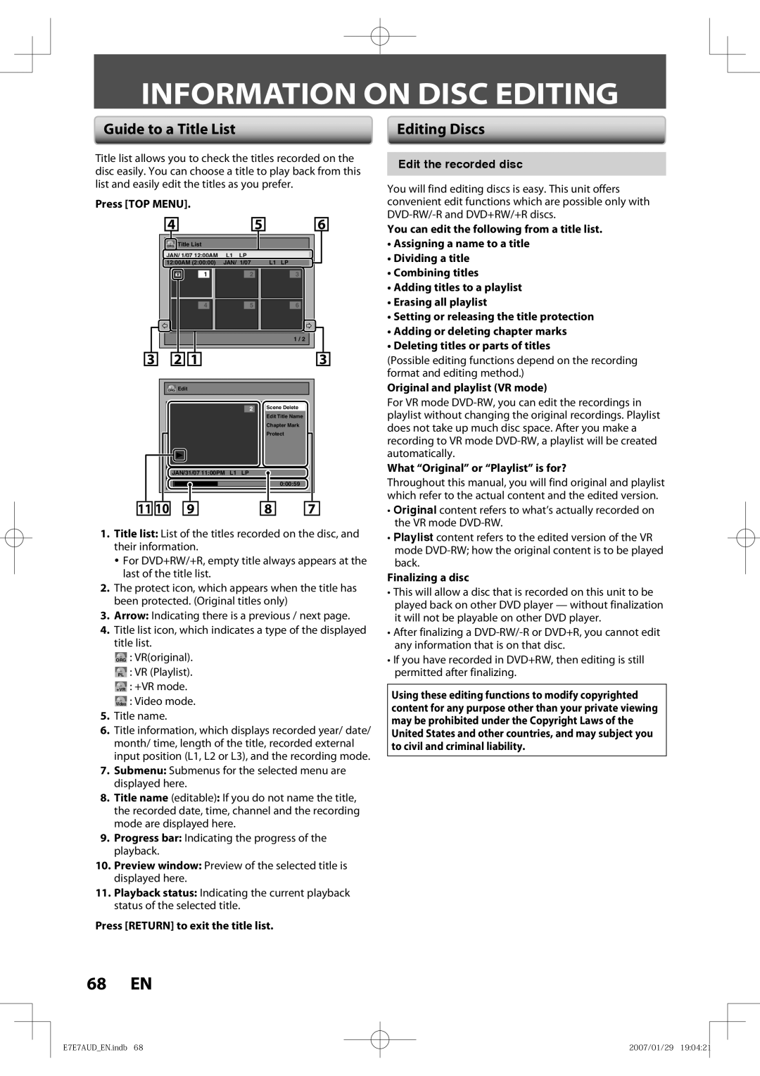 Toshiba D-R400 owner manual Information on Disc Editing, Guide to a Title List 