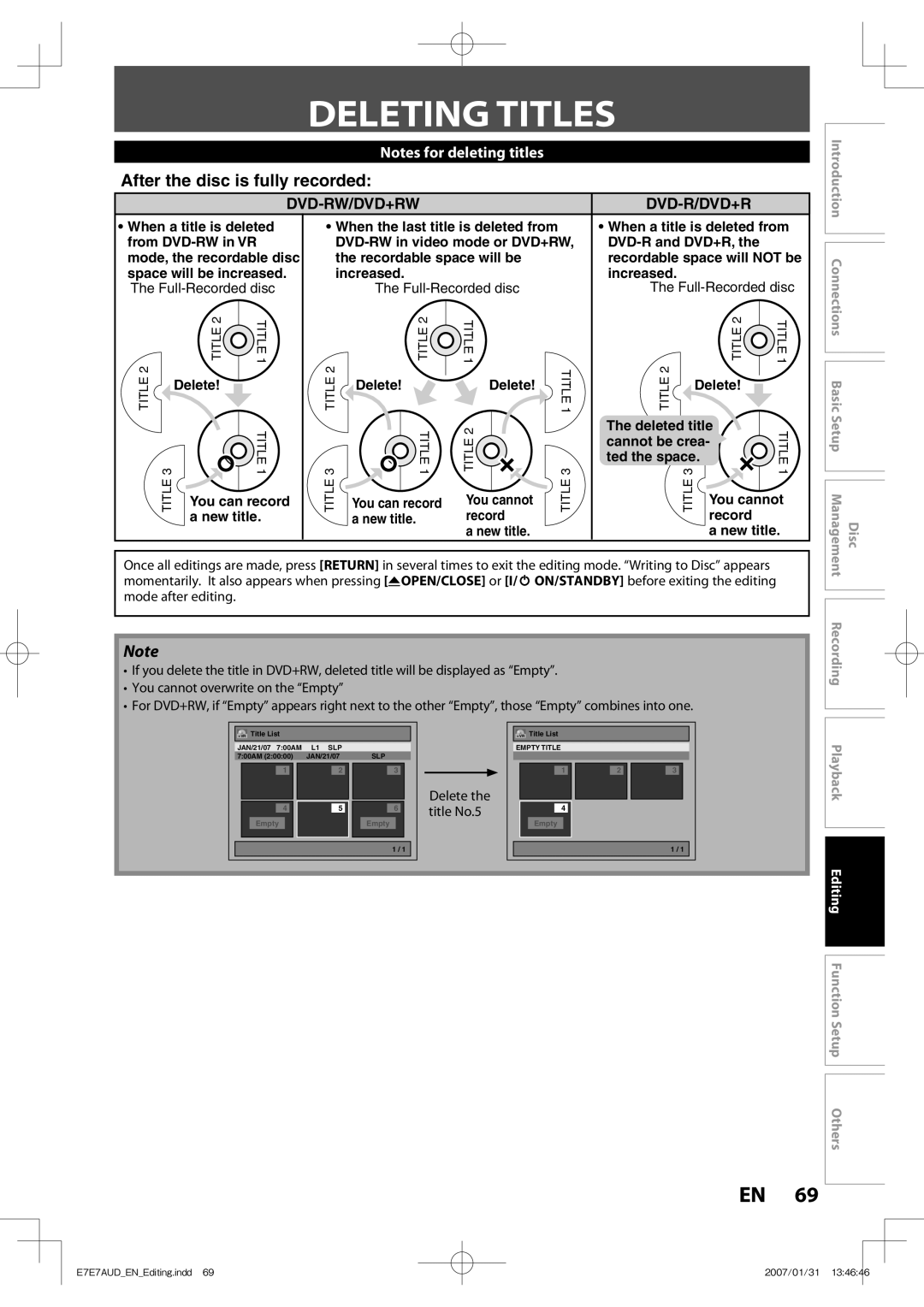 Toshiba D-R400 owner manual Deleting Titles, Title No.5 