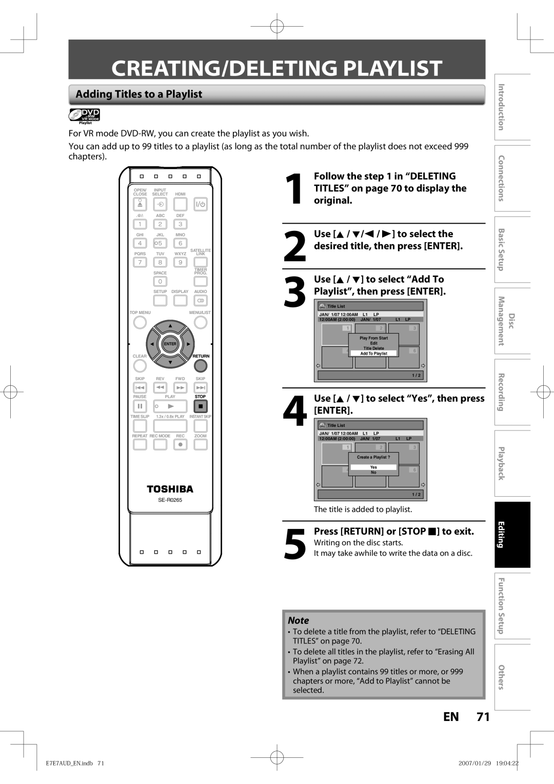 Toshiba D-R400 owner manual CREATING/DELETING Playlist, Adding Titles to a Playlist, Use K / L to select Add To 