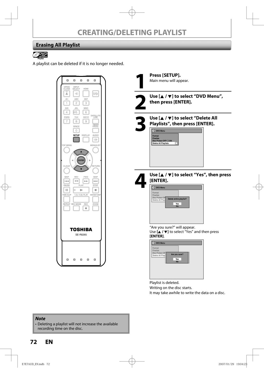 Toshiba D-R400 owner manual CREATING/DELETING Playlist, Erasing All Playlist, Press Setup, Main menu will appear 