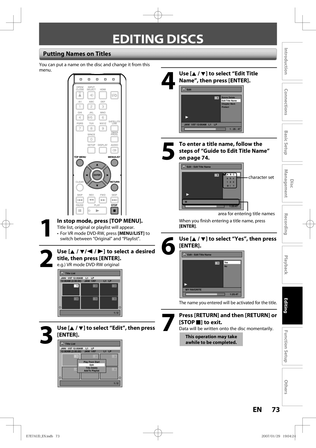 Toshiba D-R400 owner manual Editing Discs, Putting Names on Titles 