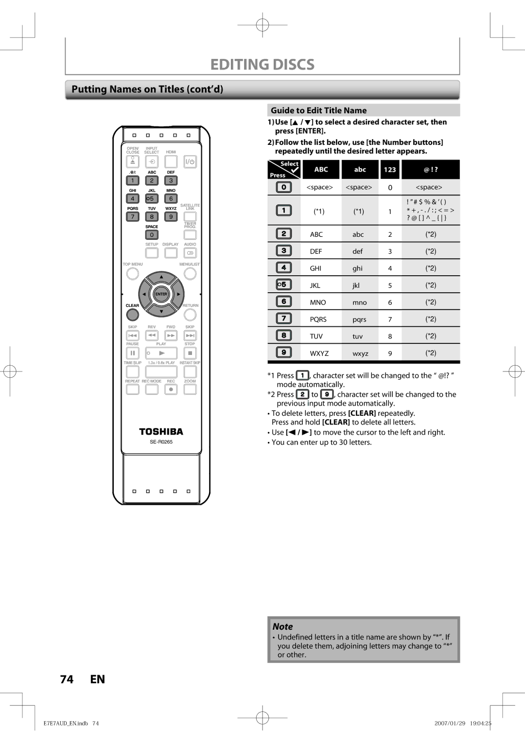 Toshiba D-R400 owner manual Editing Discs, Putting Names on Titles cont’d, Guide to Edit Title Name 