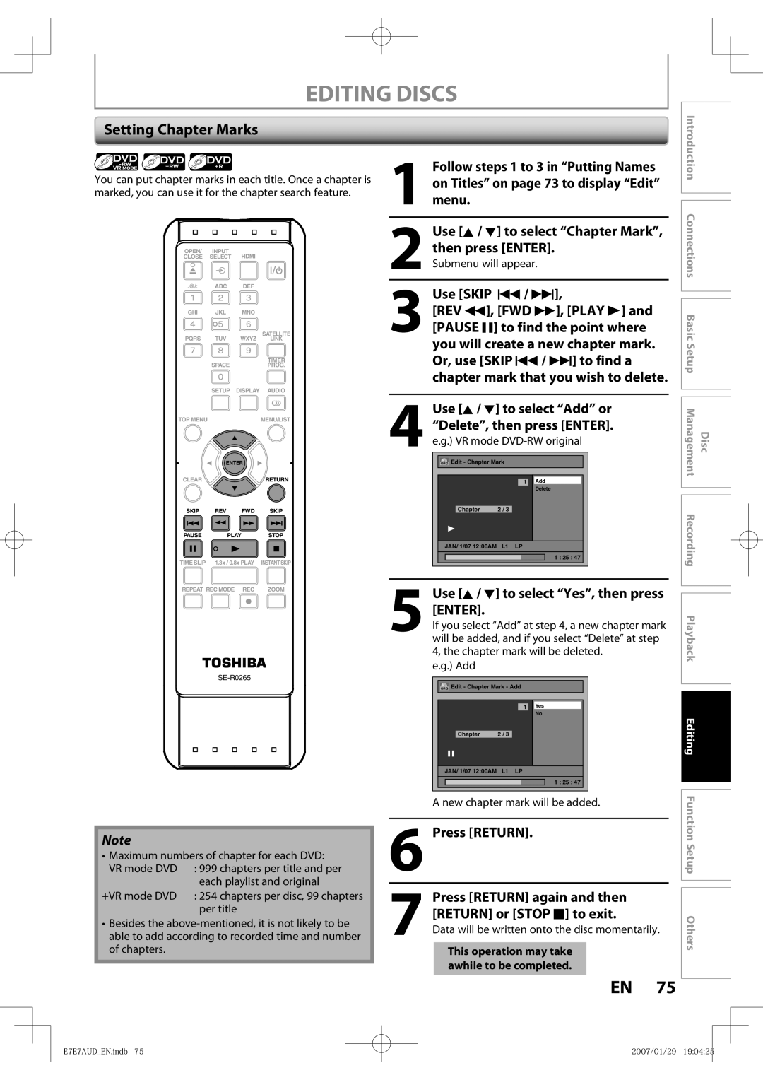 Toshiba D-R400 owner manual Setting Chapter Marks, Use Skip H / G, Use K / L to select Add or, Delete, then press Enter 