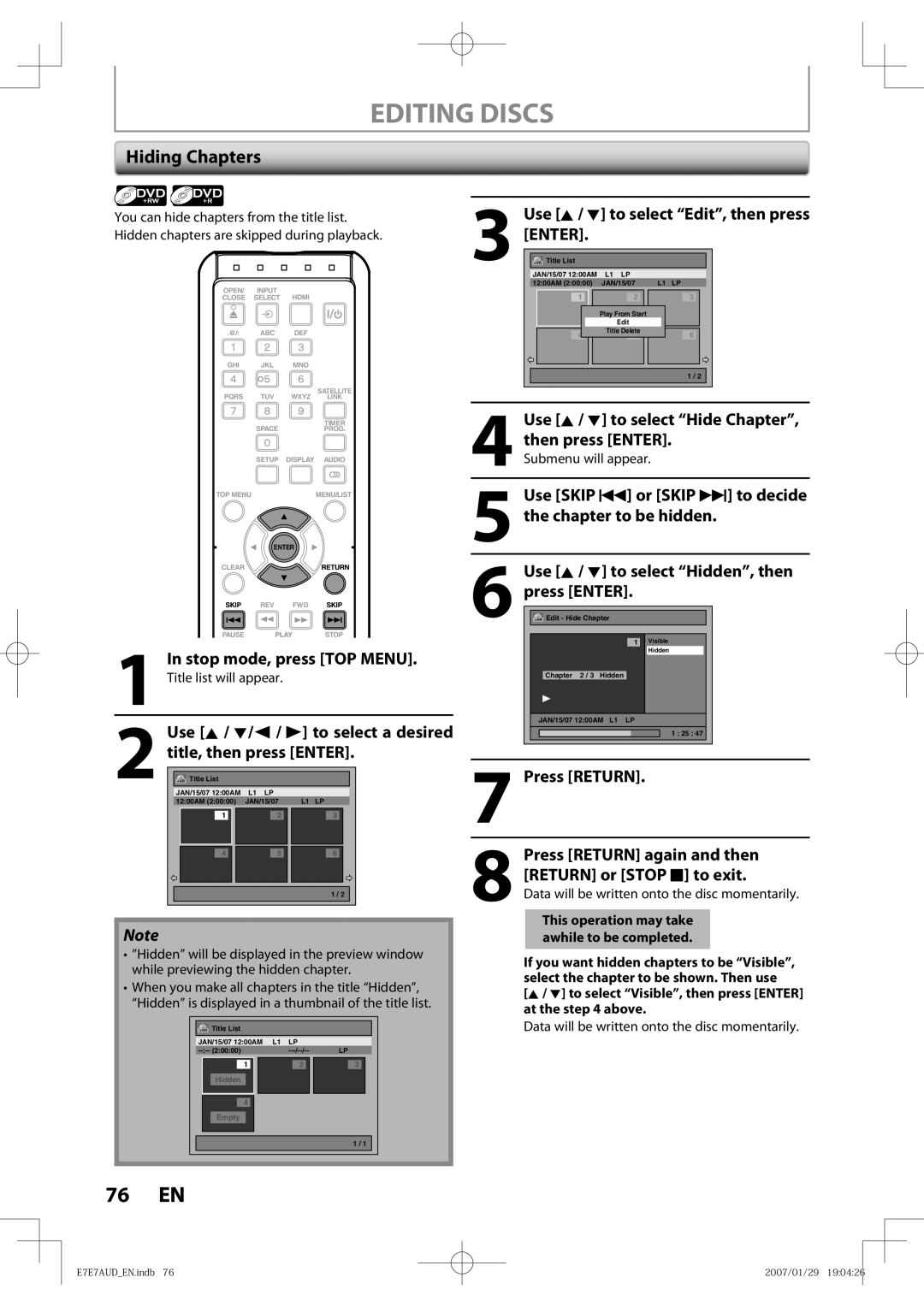 Toshiba D-R400 Hiding Chapters, Use K / L/ s / B to select a desired, Use K / L to select Hide Chapter, then press Enter 