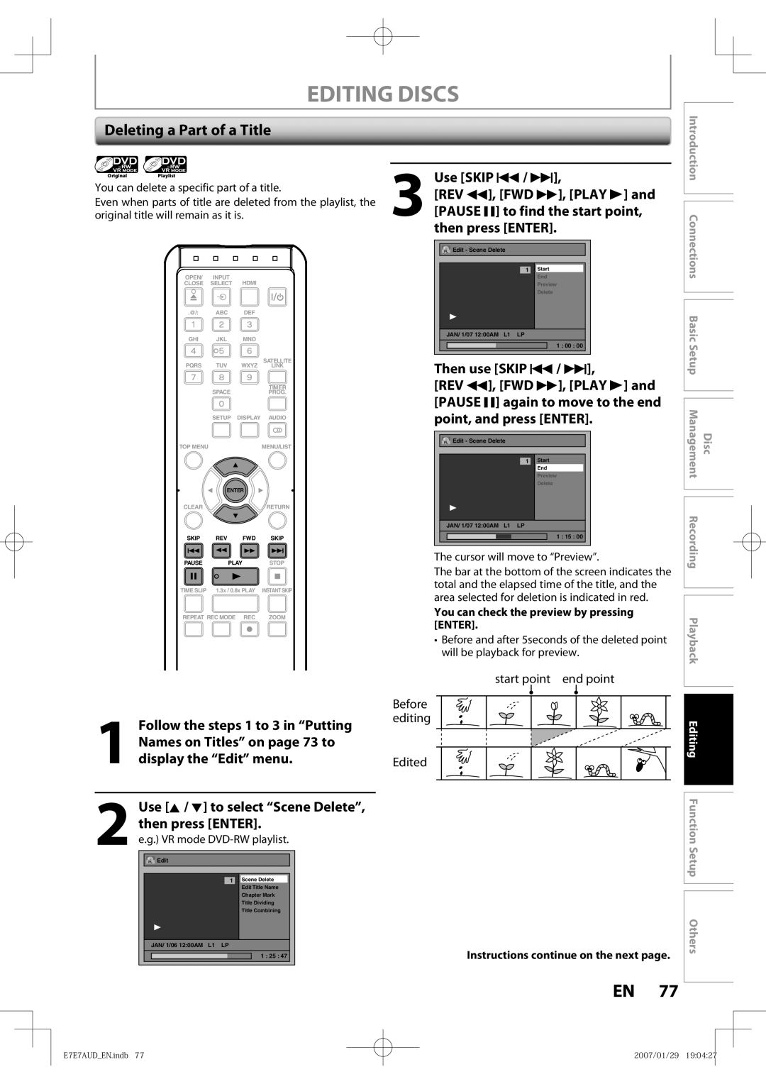 Toshiba D-R400 Deleting a Part of a Title, Use K / L to select Scene Delete, then press Enter, VR mode DVD-RW playlist 