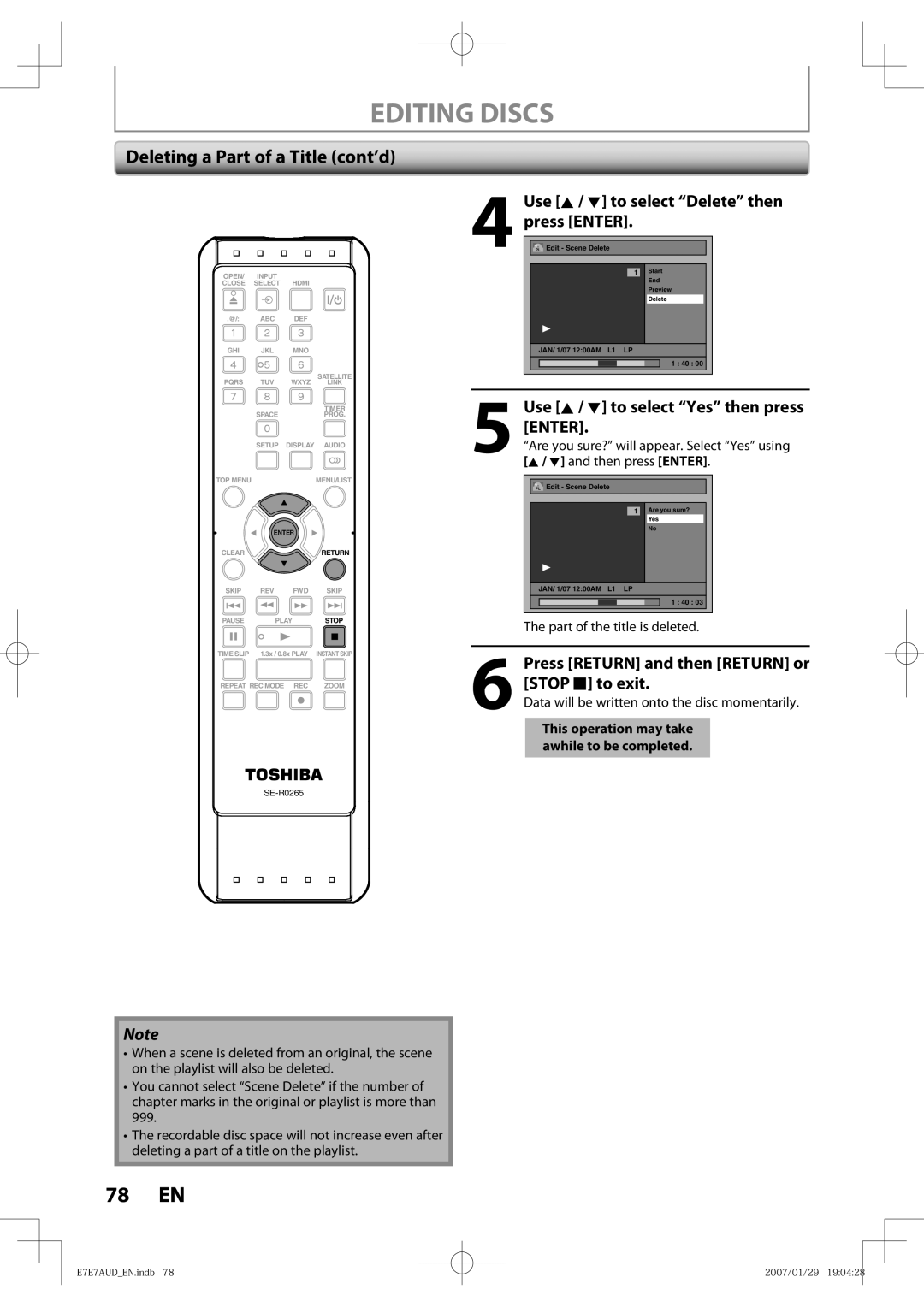 Toshiba D-R400 owner manual Deleting a Part of a Title cont’d, Use K / L to select Delete then press Enter 