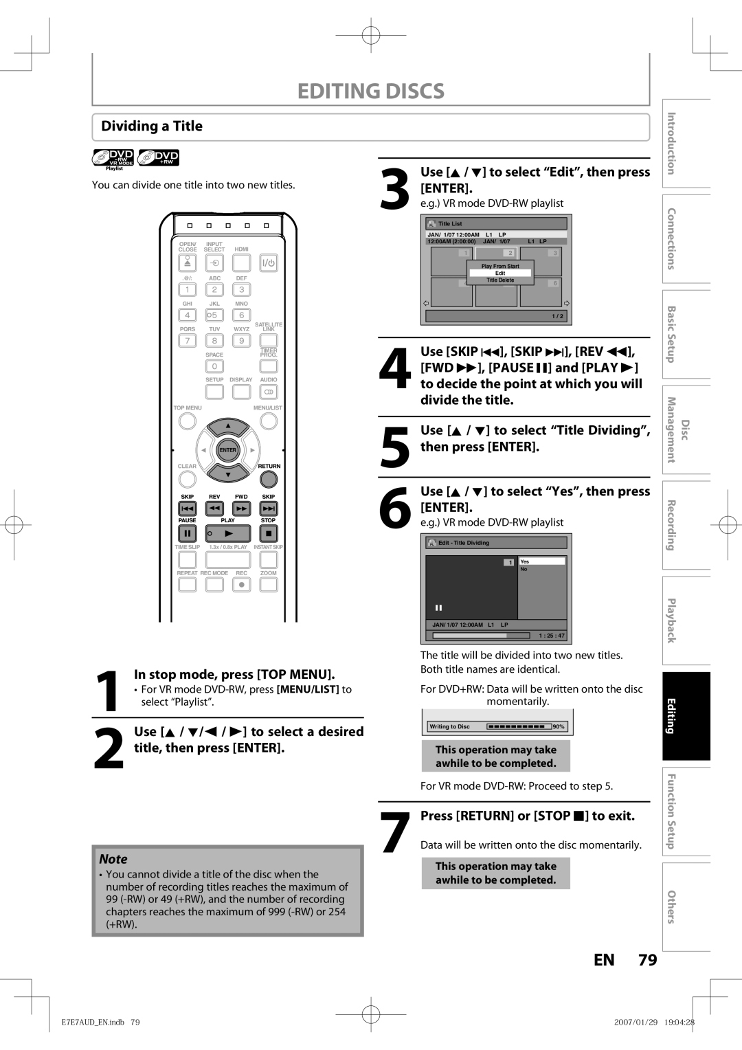 Toshiba D-R400 Dividing a Title, Use K / L to select Edit, then press Enter, For VR mode DVD-RW Proceed to step 