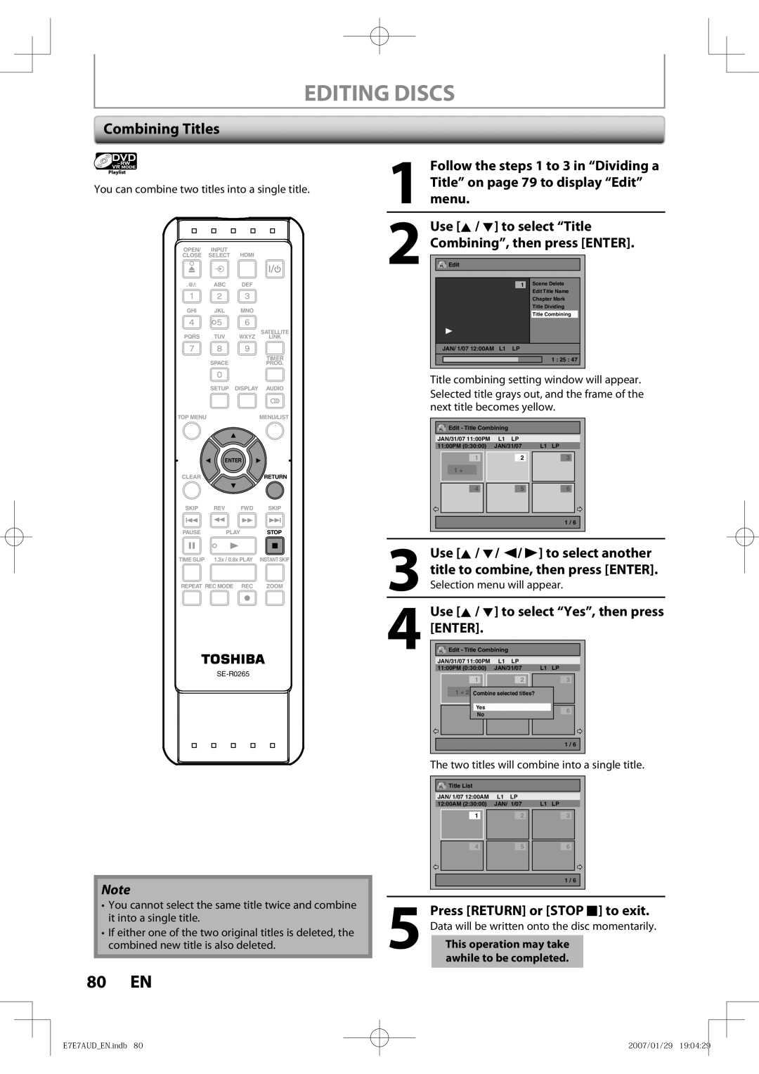 Toshiba D-R400 owner manual Combining Titles, Use K / L/ / B to select another, Title to combine, then press Enter 