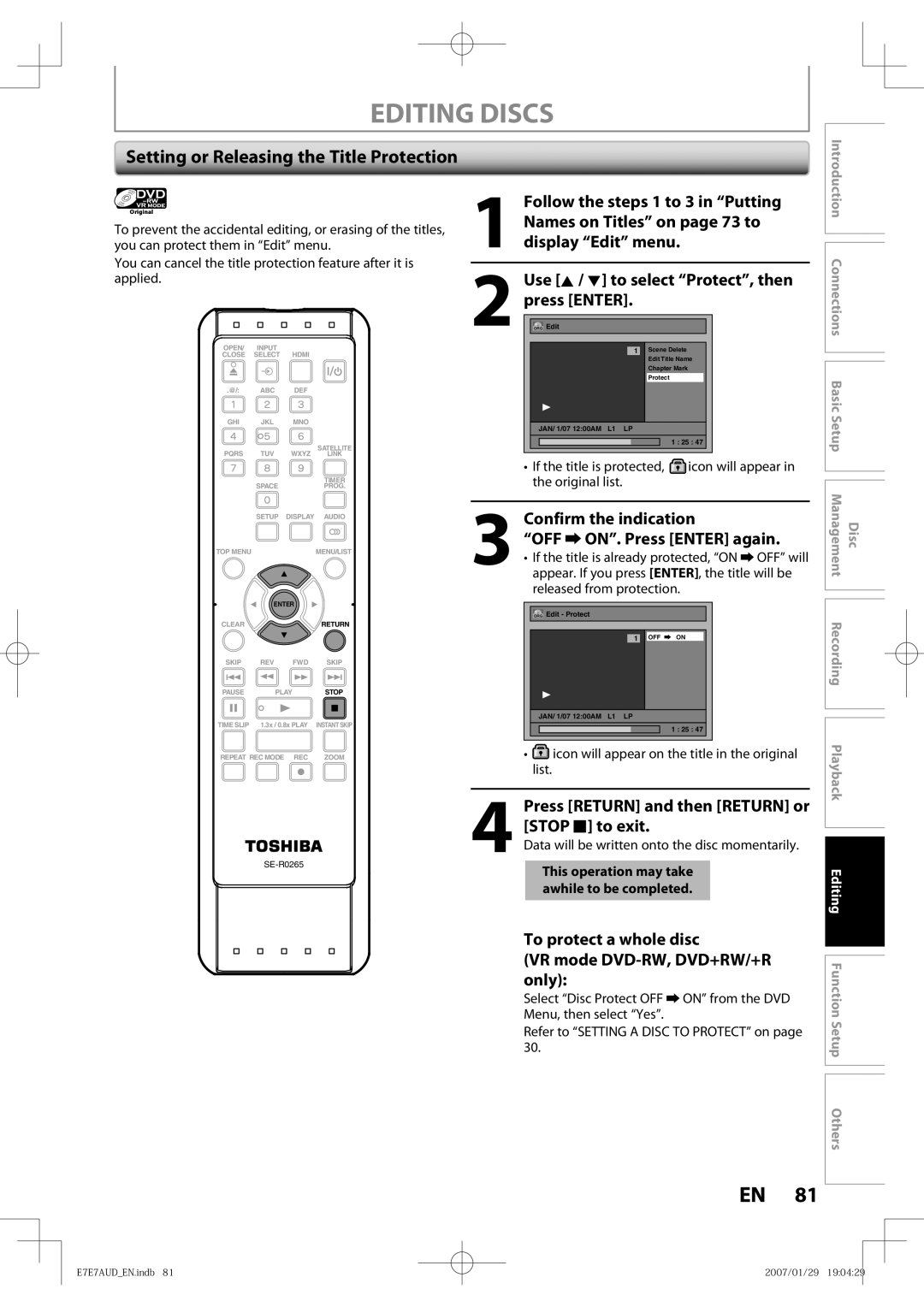 Toshiba D-R400 Setting or Releasing the Title Protection, To protect a whole disc VR mode DVD-RW, DVD+RW/+R only 