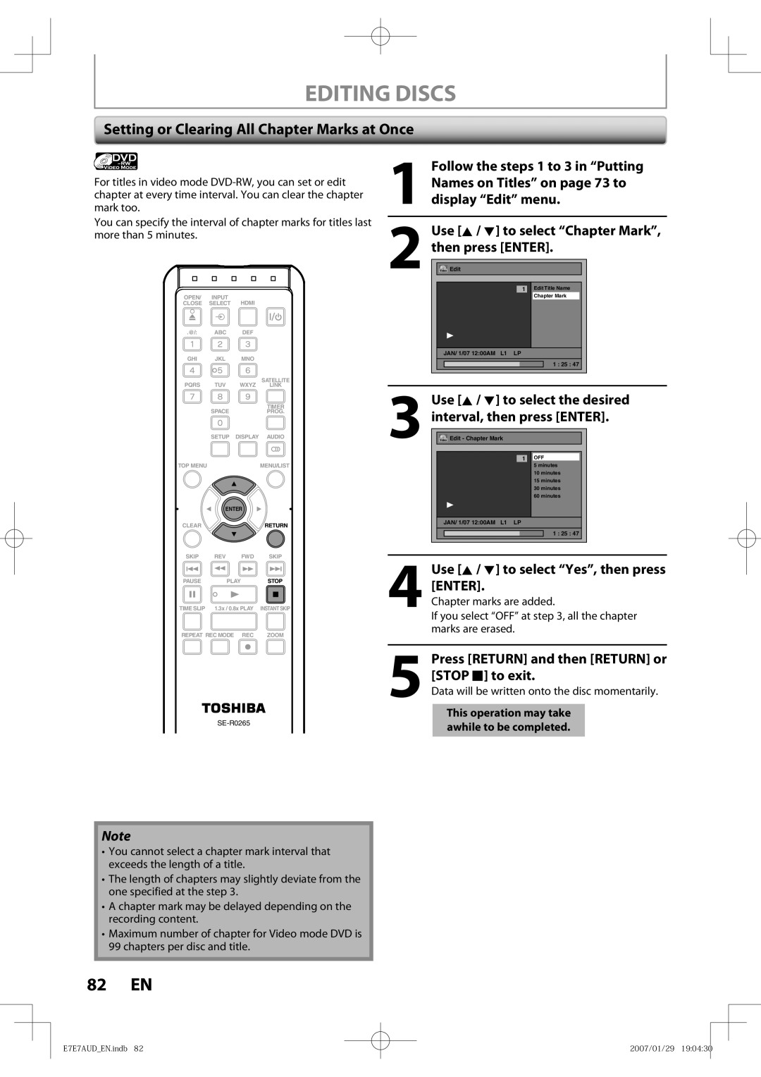 Toshiba D-R400 Setting or Clearing All Chapter Marks at Once, Use K / L to select the desired interval, then press Enter 