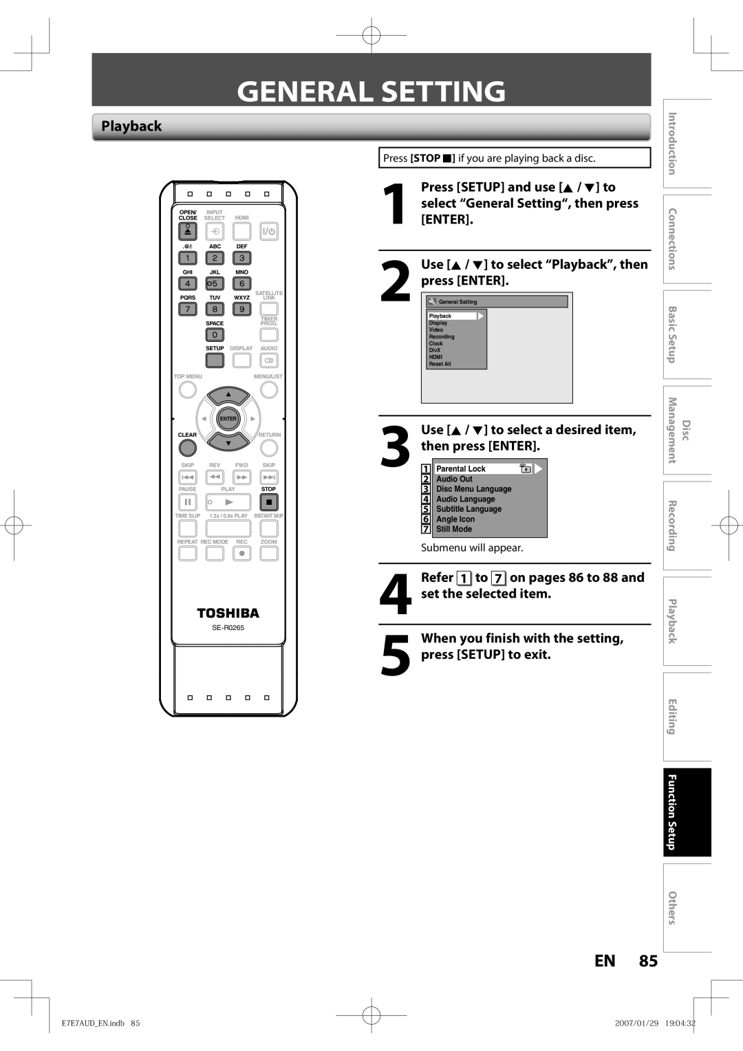 Toshiba D-R400 owner manual General Setting, Playback, Use K / L to select a desired item, then press Enter 