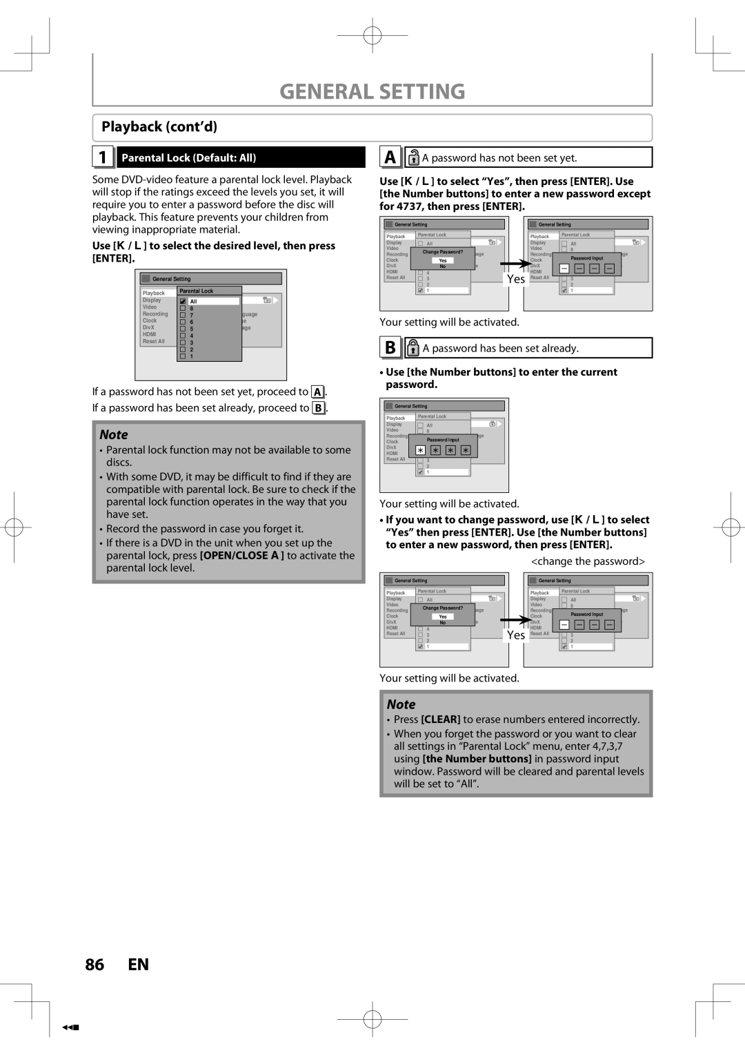 Toshiba D-R400 owner manual General Setting, Playback cont’d, Parental Lock Default All 